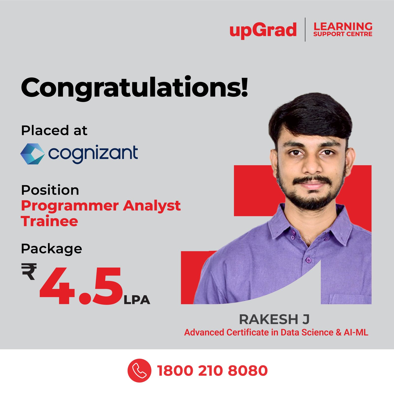 Rakesh J placed at Cognizant as a Programmer Analyst Trainee with a package of 4.5 LPA
